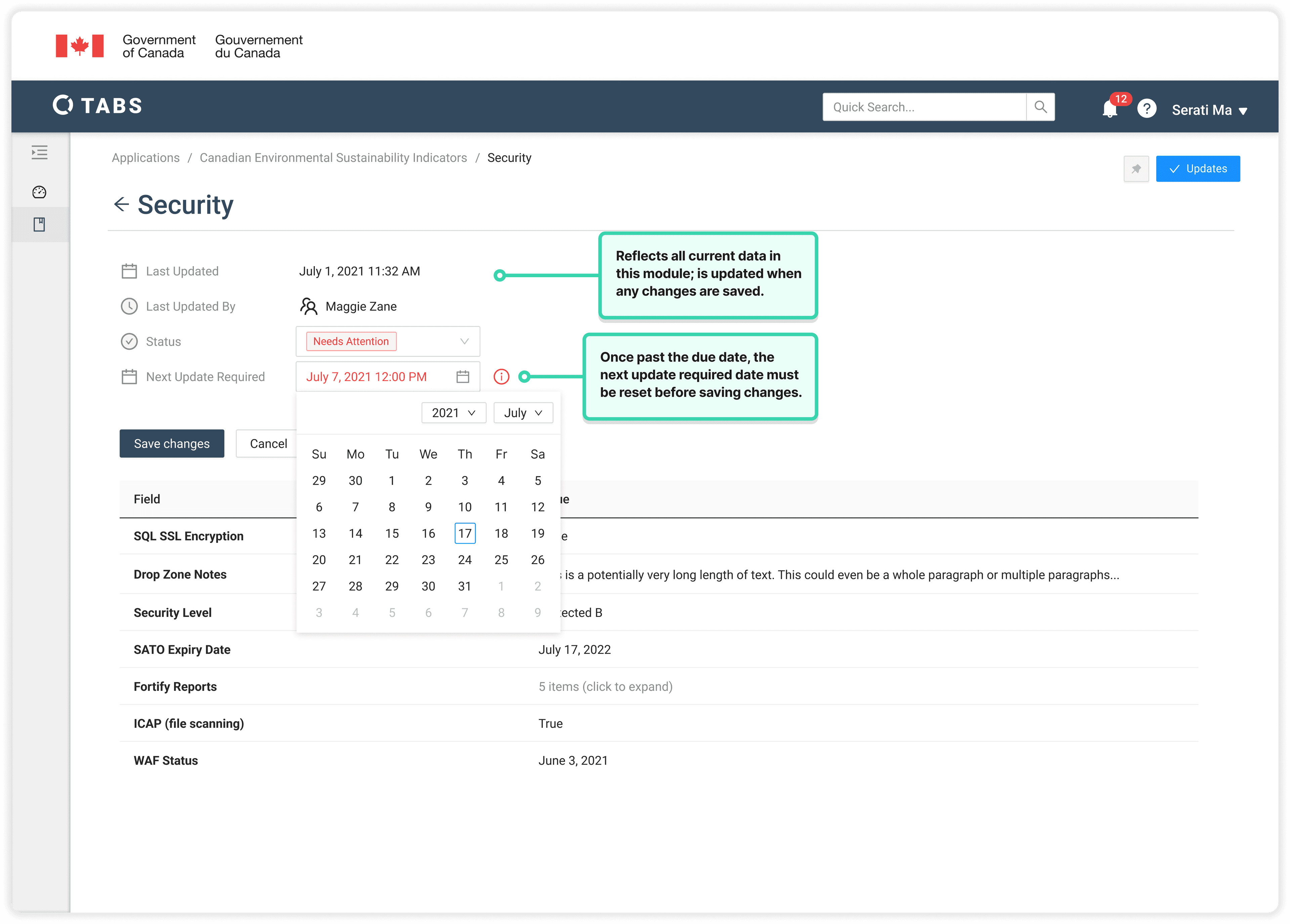 Module page highlighting the last updated and lasted updated by metadata fields.