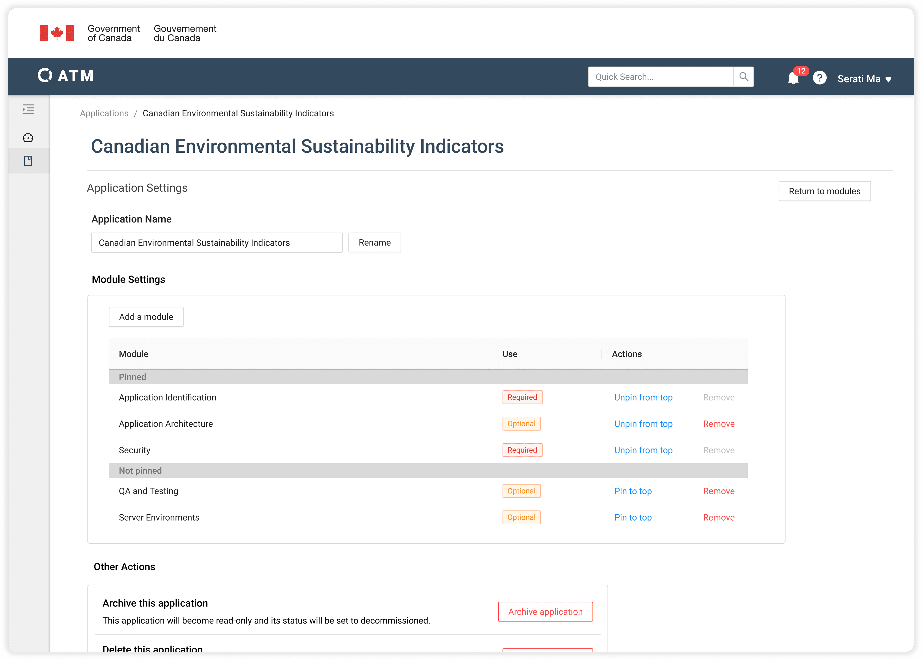 Module page, consisting of metadata (who and when last updated) and editable data fields