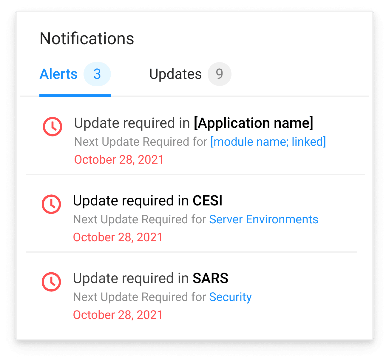 View of the notification center, on the Alerts tab, displaying 3 alerts indicating past due updates.