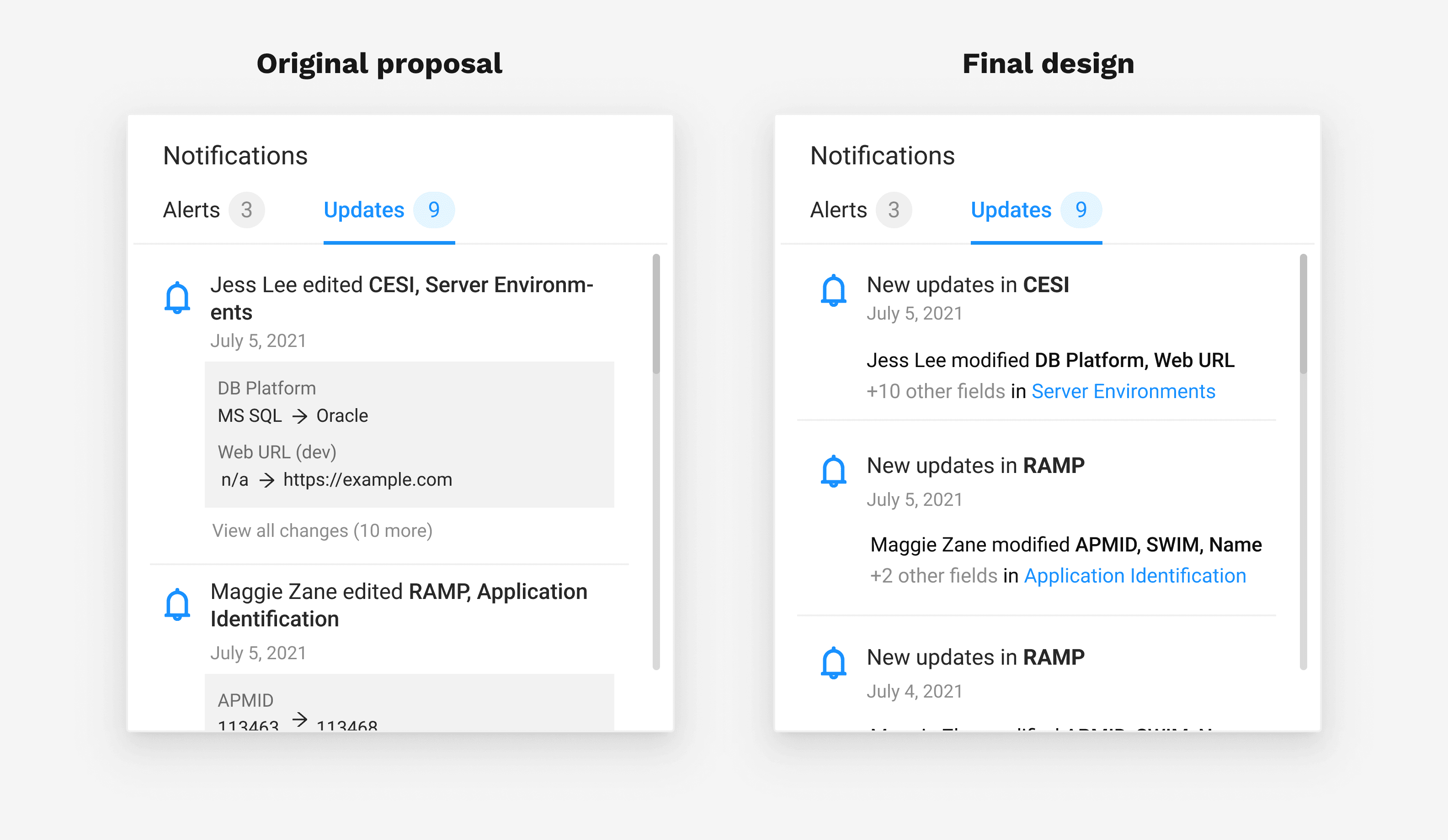Left shows the original proposal for update notification. Right shows the final design