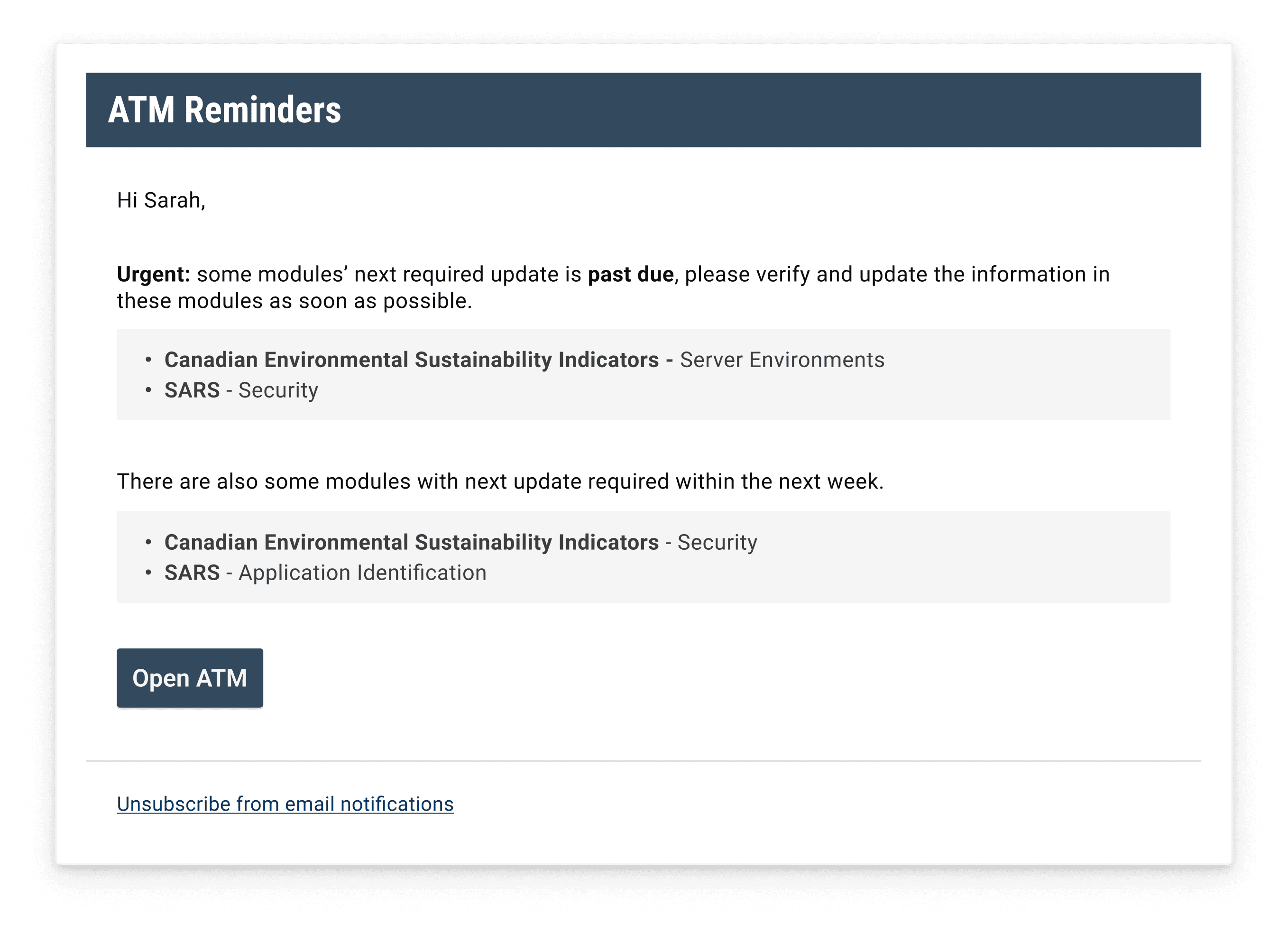 Image of email sent when next required date is past due or is upcoming.