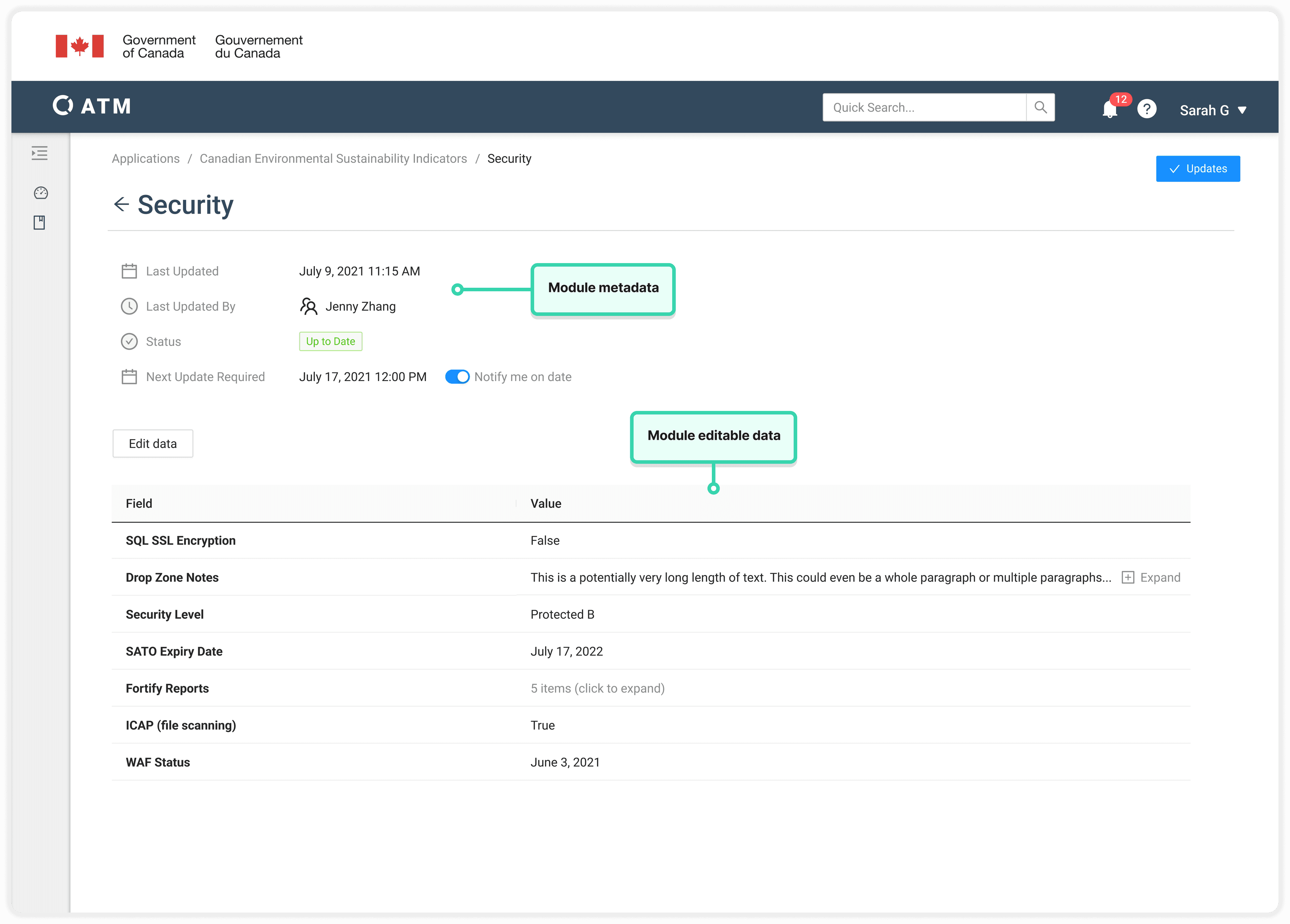 Module page, with the upper half displaying metadata while the second half displays set of fields and values, which are editable.